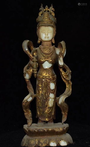 A rare and unique natural Hetian white jade gilt statue