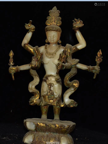 Orphan, natural Hetian white jade gilt station 6-arm