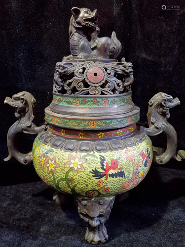 Old Tibetan dynasty cloisonne bronze dragon, lion and