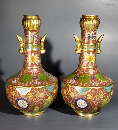 A pair of pure copper cloisonne vasesSingle 25 cm high