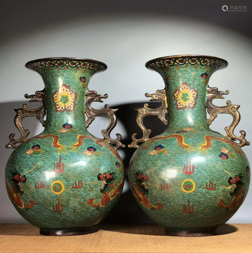 Pair of large copper cloisonne vases with filigree