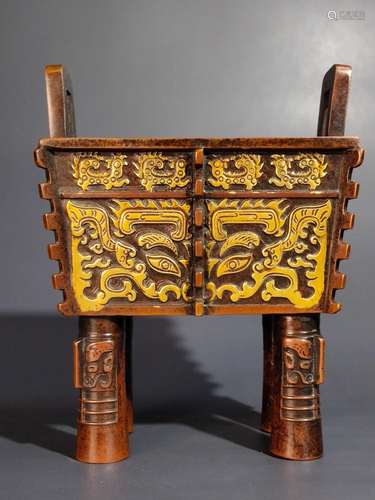 Gilt bronze and real gold high-relief square tripod