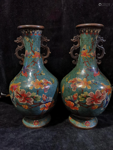 A pair of cloisonne and red bronze Huanian dragon vases