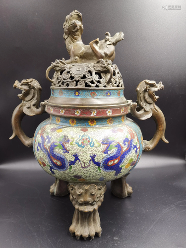 An old cloisonne dragon, lion and beast incense burner