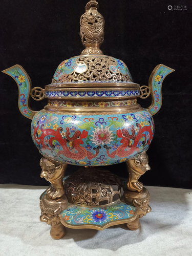 Cloisonne gilt double dragon incense burner during the