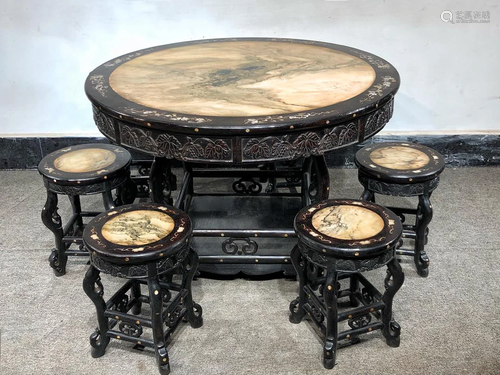 Small leaf red sandalwood inlaid marble round table