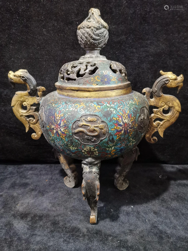 Old Tibetan gilt cloisonne hollow dragon and lion