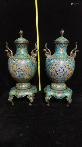 A pair of cloisonne magpie and phoenix bird vases from