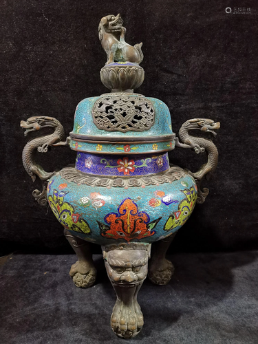 A cloisonne dragon and lion beast face censer from the