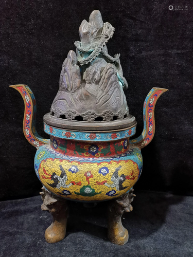 An old cloisonne dragon crane incense burner from the