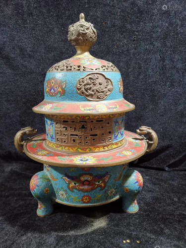 An old collection of cloisonne incense burners in the