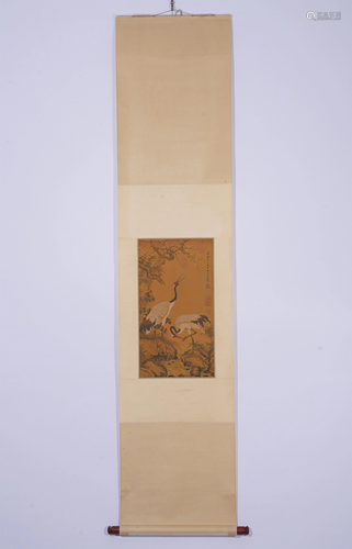 A CHINESE SILK PAINTING OF CRANES