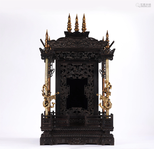 A CHINESE GILT AND ZITAN CARVED DRAGONS BUDDHA NICHE