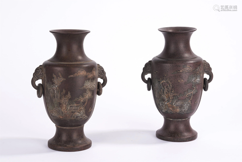 A PAIR OF CHINESE YIXING CLAY VASES WITH DOUBLE HANDLES