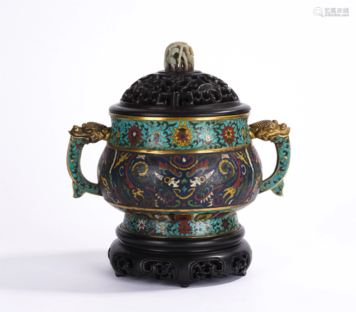 A CHINESE ENAMELED CENSER WITH DOUBLE HANDLES