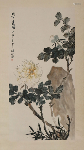 A CHINESE SCROLL PAINTING OF FLOWERS