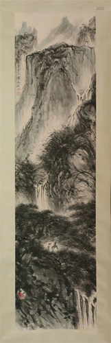 A CHINESE SCROLL PAINTING OF LANDSCAPE AND FIGURES