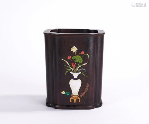 A CHINESE HARD-STONES INLAID HARDWOOD BRUSH POT