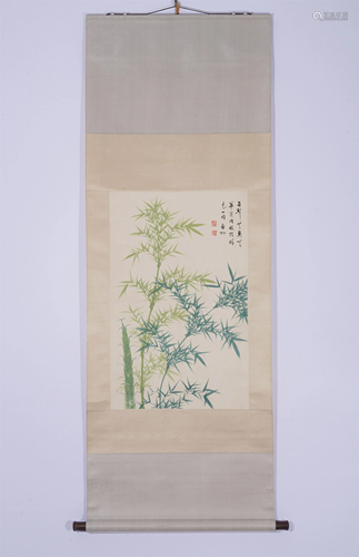 A CHINESE SCROLL PAINTING OF GREEN BAMBOOS