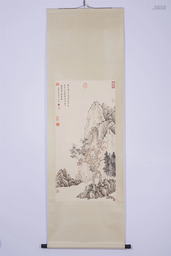 A CHINESE SCROLL PAINTING OF LANDSCAPE AND FIGURE