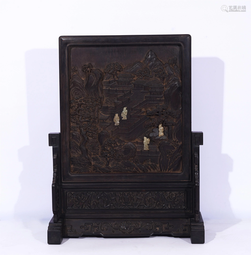 A CHINESE JADE INLAID HARDWOOD TABLE SCREEN