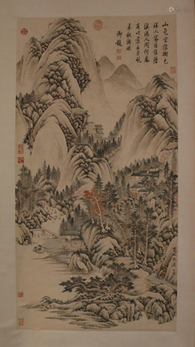 A CHINESE SCROLL PAINTING OF LANDSCAPE AND FIGURES