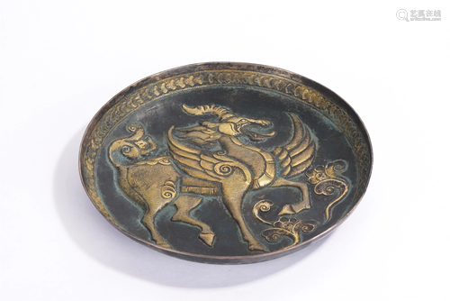 A CHINESE GILT SILVER KYLIN DECORATING PLATE