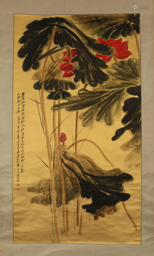 A CHINESE SCROLL PAINTING OF LOTUS