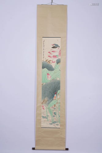 A CHINESE SCROLL PAINTING OF LOTUS POND SCENERY