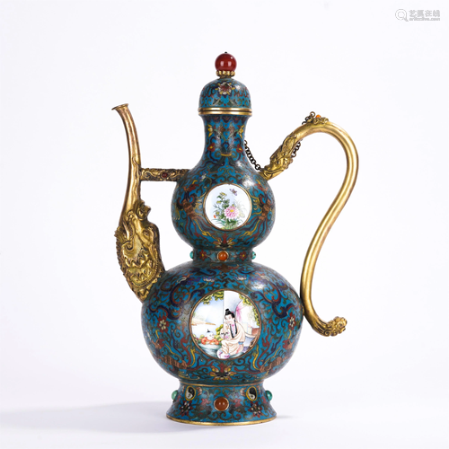 A CHINESE ENAMEL EWER INLAID WITH PAINTED ENAMEL