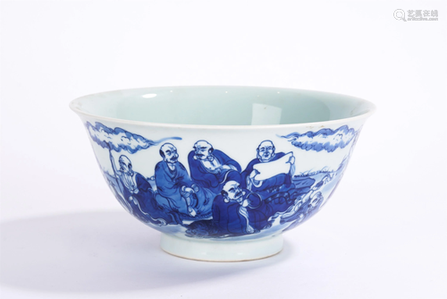 A CHINESE BLUE AND WHITE ARHATS PORCELAIN BOWL