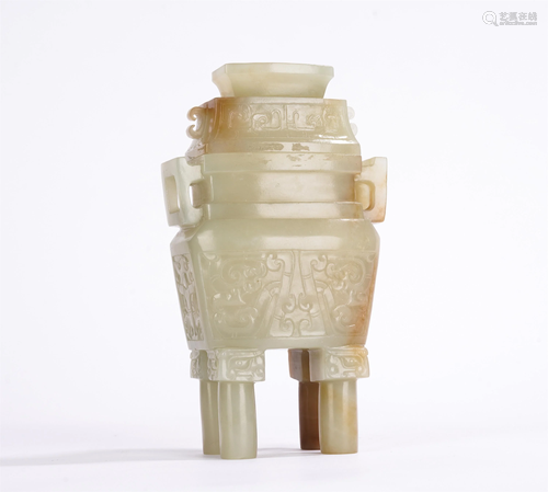 A CHINESE WHITE JADE COVERED CENSER WITH FOUR FEET