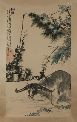 A CHINESE SCROLL PAINTING OF BUFFALO