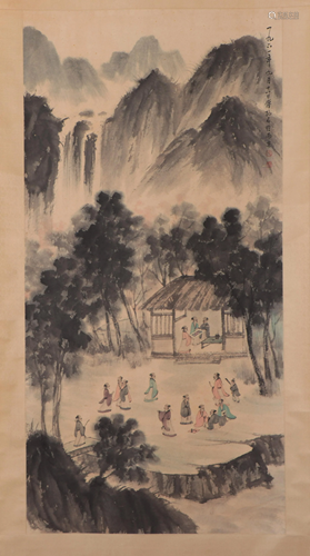 A CHINESE PAINTING DEPICTING LANDSCAPE AND FIGURES