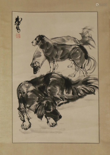 A CHINESE SCROLL PAINTING OF DOGS