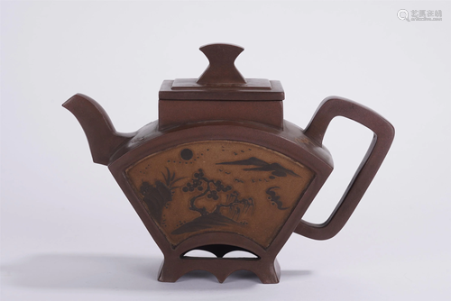 A CHINESE YIXING CLAY FAN-SHAPED TEA POT