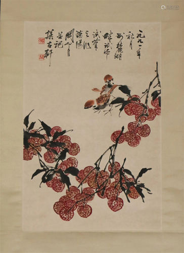 A CHINESE SCROLL PAINTING OF BIRDS AND LITCHIS