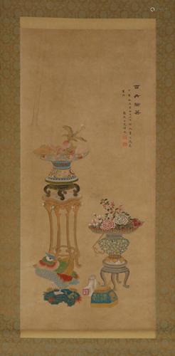 A CHINESE SCROLL PAINTING OF FLOWERS AND BIRD