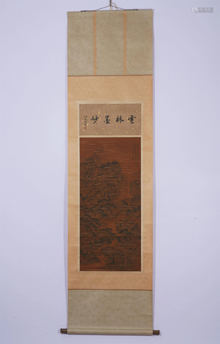 A CHINESE SCROLL PAINTING OF MOUNTAIN PAVILIONS