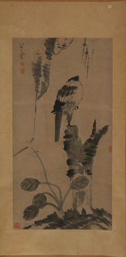 A CHINESE SCROLL PAINTING OF PLNNTS AND BIRD