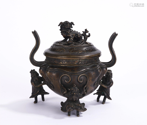 A CHINESE BRONZE CENSER WITH TRIPLE FIGURAL FEET