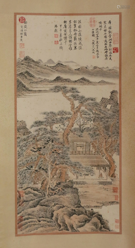 A CHINESE SCROLL PAINTING OF LANDSCAPE AND FIGURES