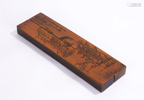 A PAIR OF CHINESE HARDWOOD INCISED LANDSCAPE …