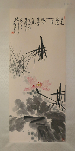 A CHINESE SCROLL PAINTING OF LOTUS