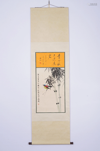 A CHINESE SCROLL PAINTING OF BAMBOO AND BIRD