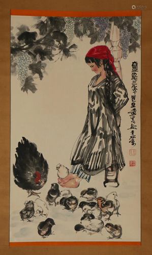 A CHINESE SCROLL PAINTING OF FIGURE AND CHICKEN