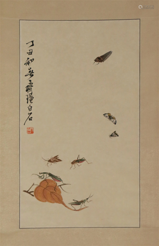 A CHINESE SCROLL PAINTING OF INSECTS AND LEAF