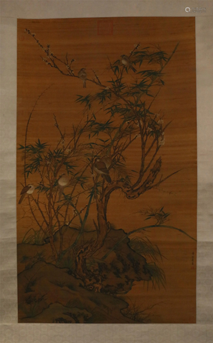 A CHINESE SCROLL PAINTING OF FLOWERS AND BIRDS