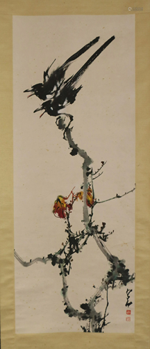 A CHINESE SCROLL PAINTING OF FLOWERS AND BIRDS