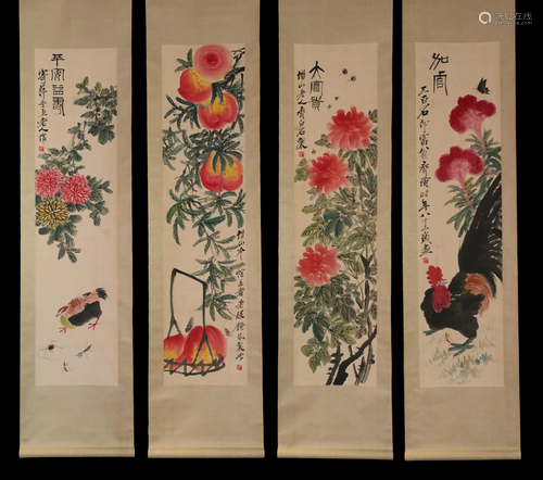 FOUR CHINESE SCROLL PAINTINGS OF FLOWERS, FRUITS AND